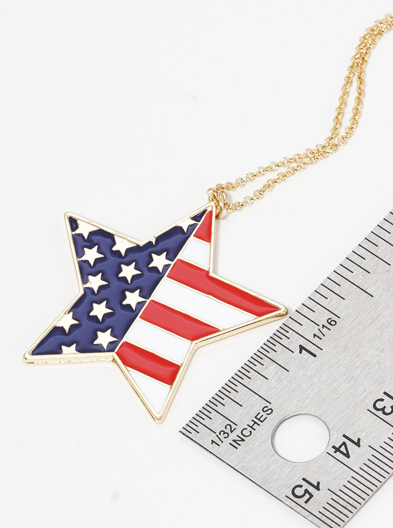 Patriotic-Theme US Flag Design Enamel Star Pendant 30-inch Long Necklace