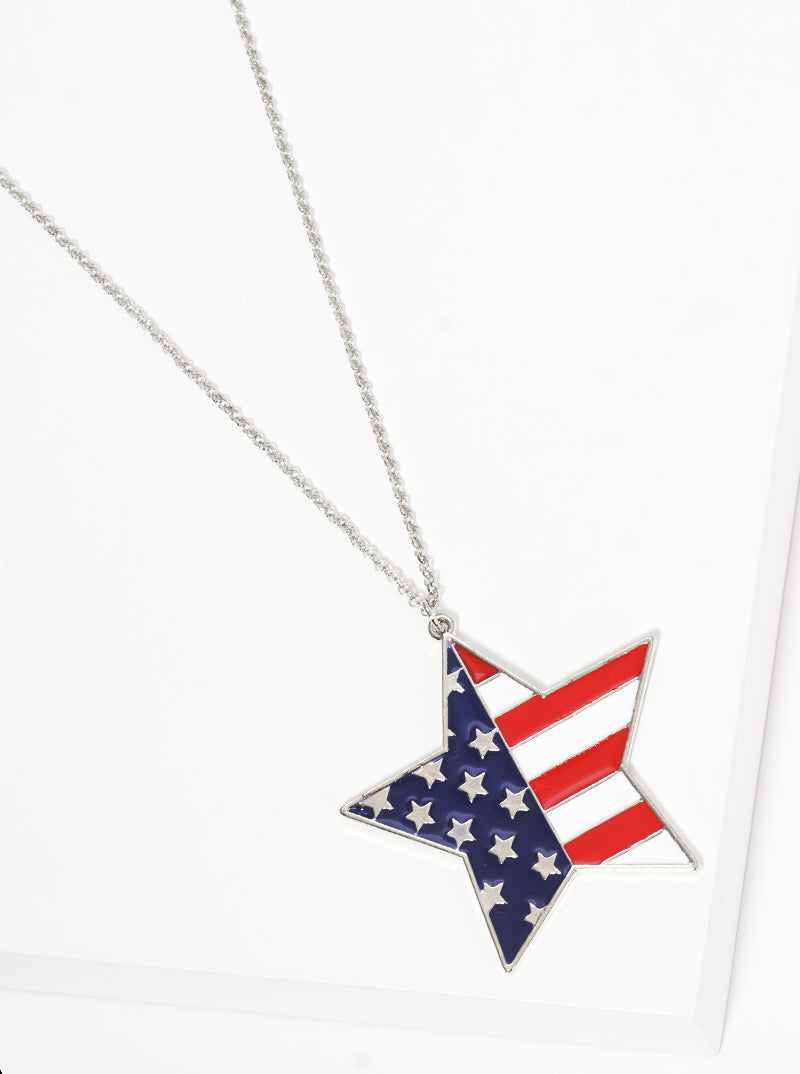 Patriotic-Theme US Flag Design Enamel Star Pendant 30-inch Long Necklace