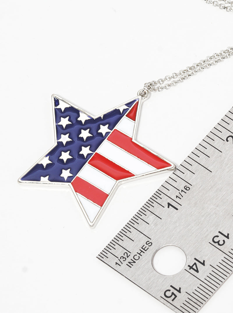 Patriotic-Theme US Flag Design Enamel Star Pendant 30-inch Long Necklace