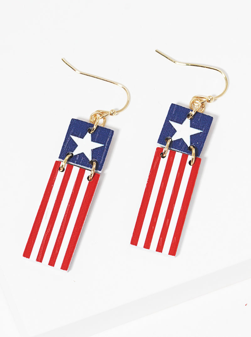 Patriotic-Theme Wooden Square Bar Drop Dangle Earrings