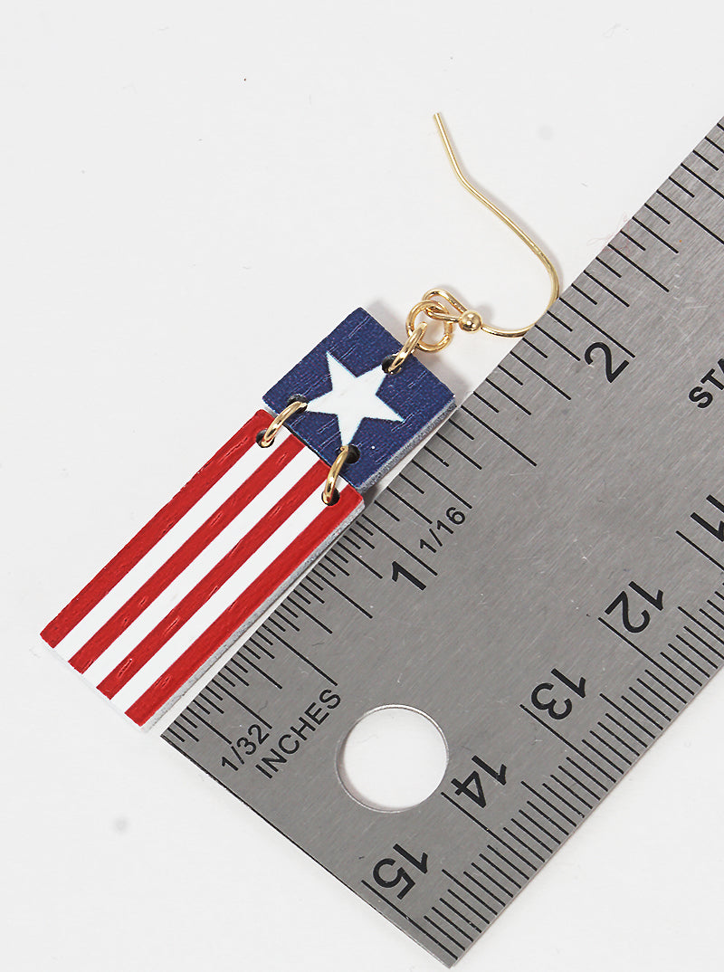 Patriotic-Theme Wooden Square Bar Drop Dangle Earrings