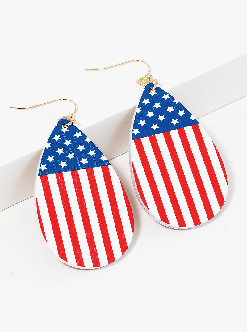 Patriotic-Theme Wooden Teardrop Dangle Drop Earrings