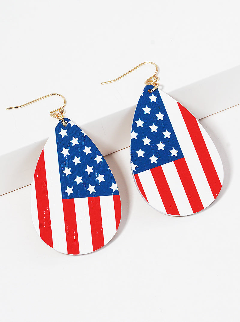 Patriotic-Theme Wooden Teardrop Dangle Drop Earrings