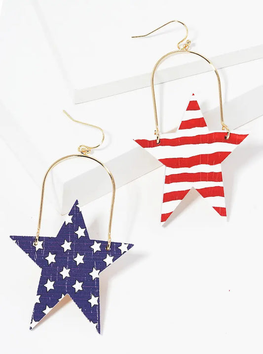 Patriotic Themed USA Wooden Star Dangle Drop Earrings