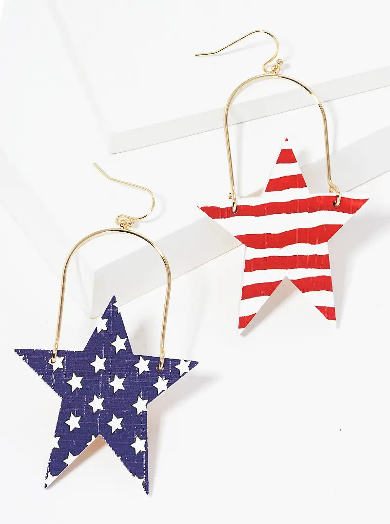Patriotic Themed USA Wooden Star Dangle Drop Earrings