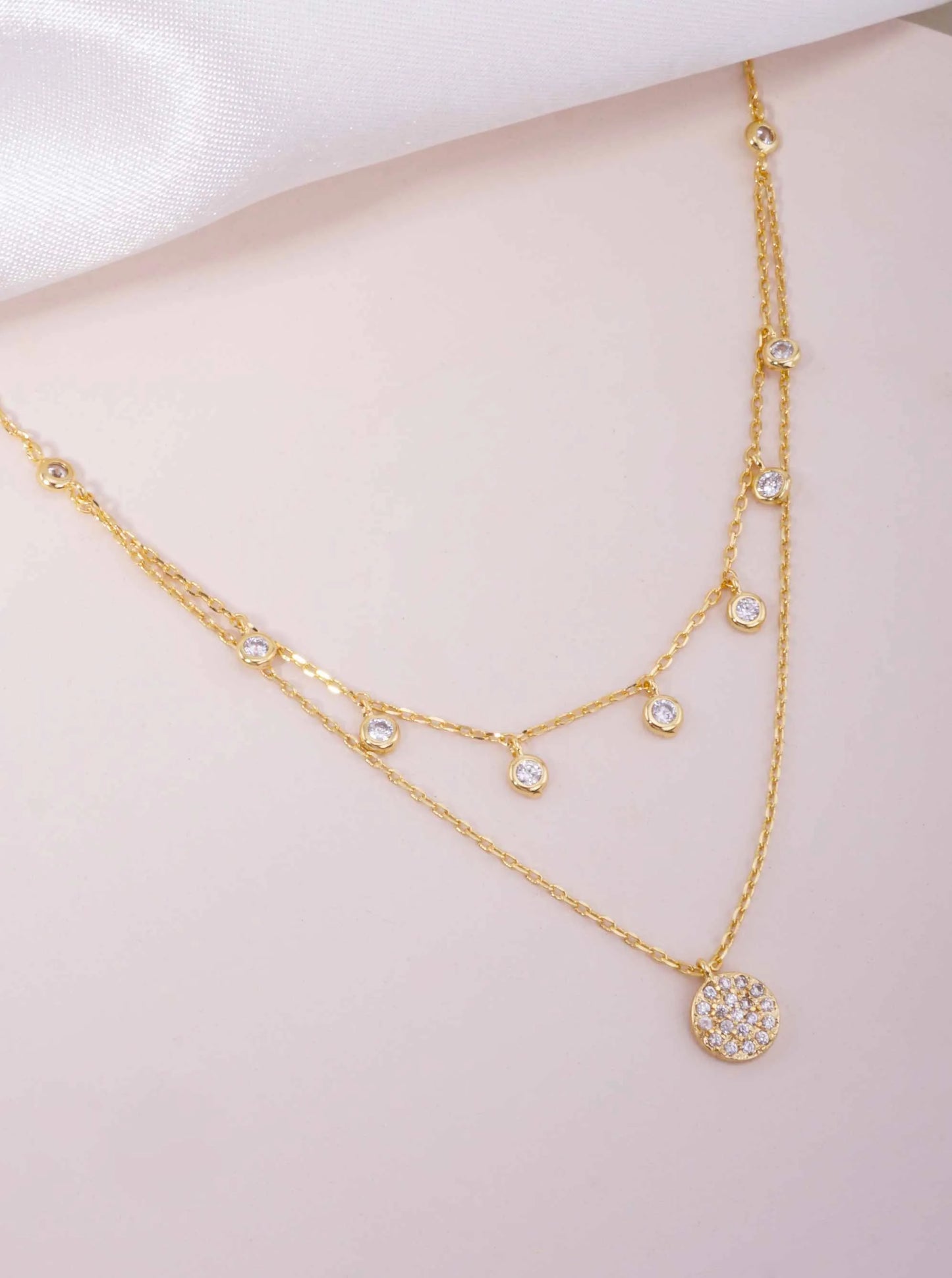 Pave CZ Pendant 18K-Gold-Dipped Layered Necklace