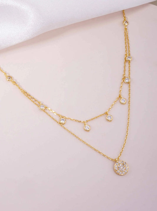 Pave CZ Pendant 18K-Gold-Dipped Layered Necklace