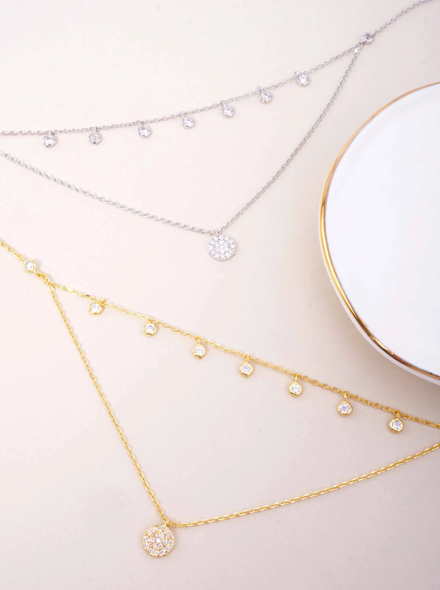 Pave CZ Pendant 18K-Gold-Dipped Layered Necklace