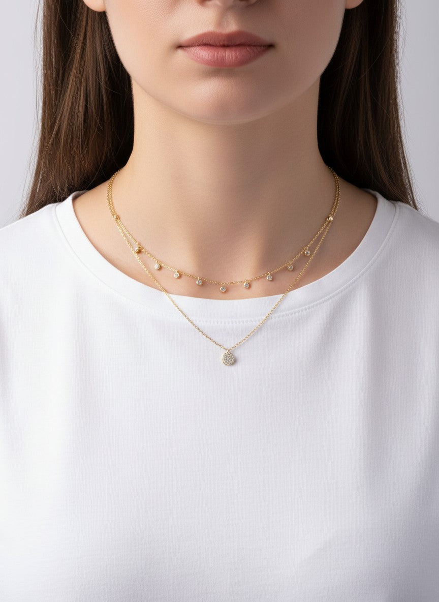 Pave CZ Pendant 18K-Gold-Dipped Layered Necklace