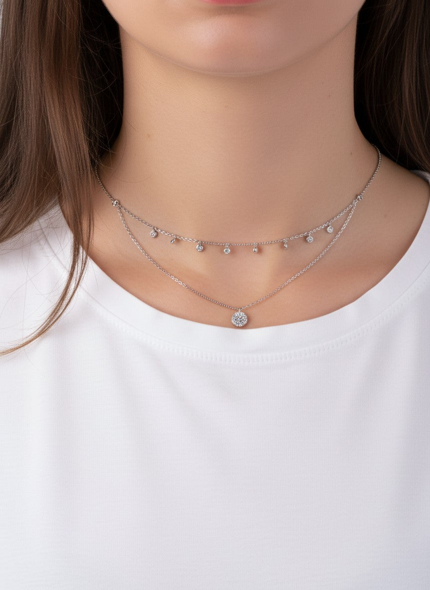 Pave CZ Pendant 18K-Gold-Dipped Layered Necklace