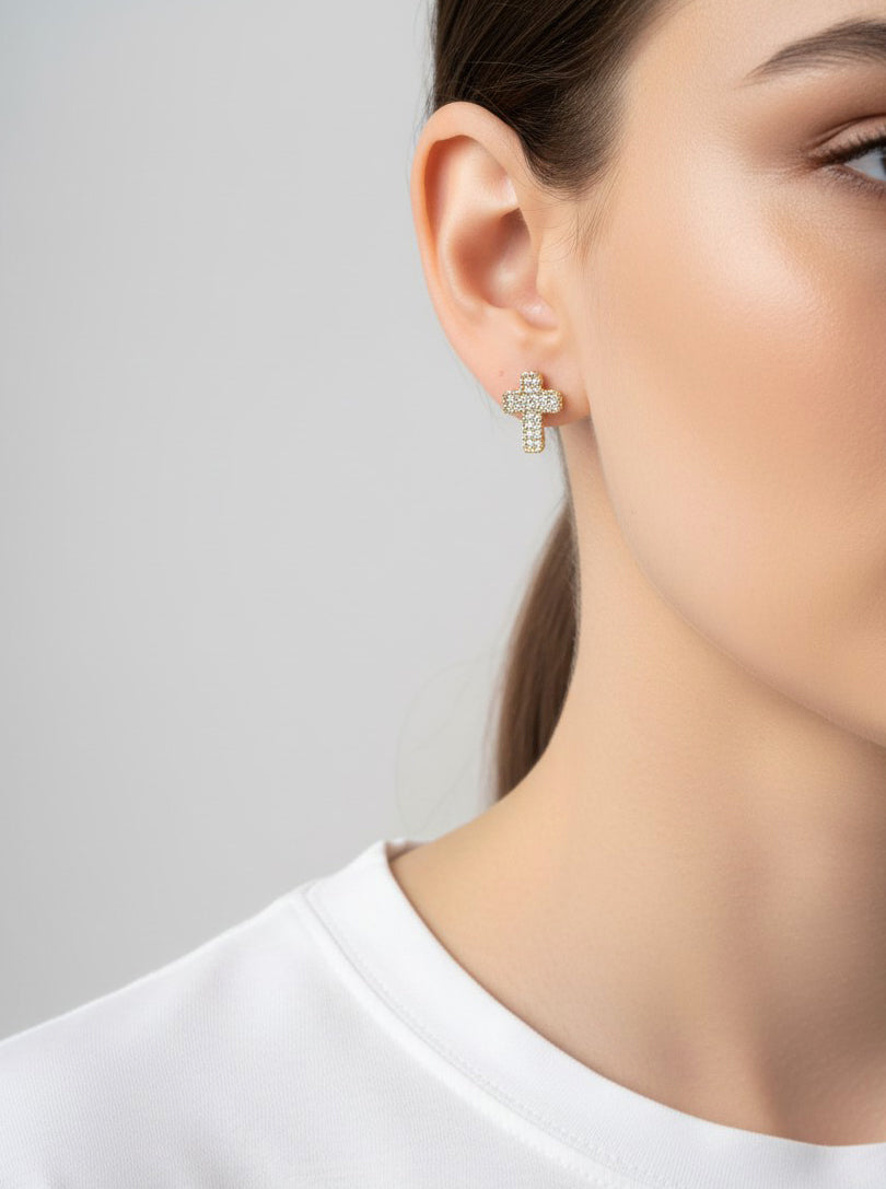 Pave Cross Post Back Stud Earrings