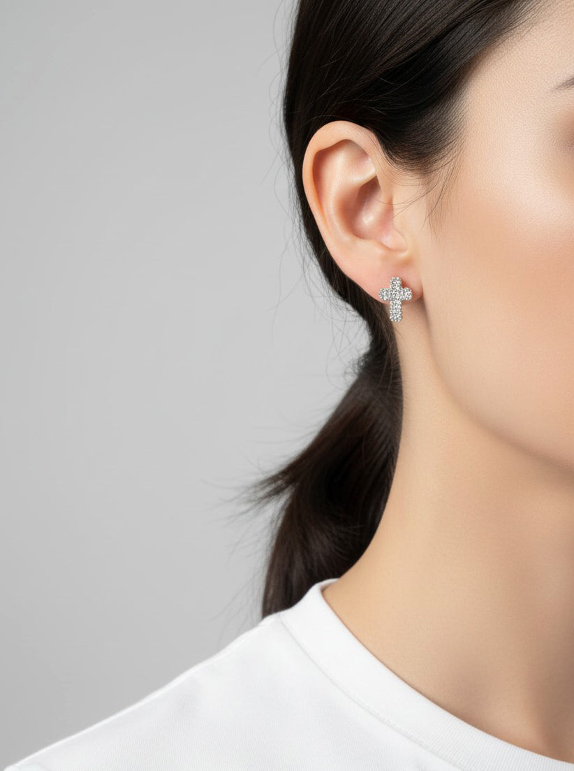 Pave Cross Post Back Stud Earrings