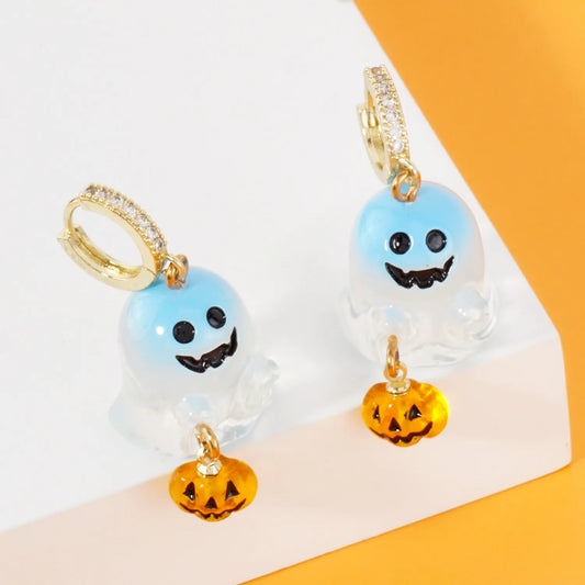 Pave-Set CZ 10mm Huggie Hoop Earrings With Dangling Halloween Ghost