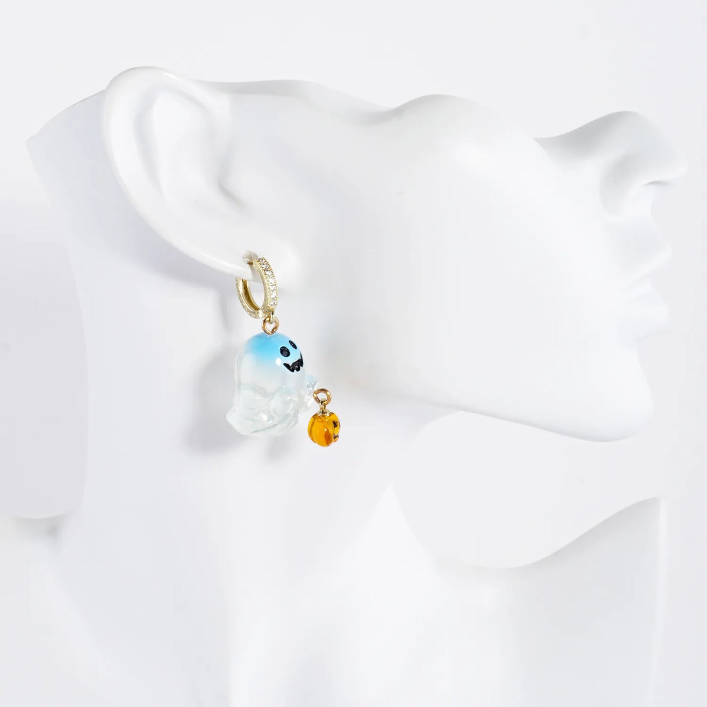 Pave-Set CZ 10mm Huggie Hoop Earrings With Dangling Halloween Ghost
