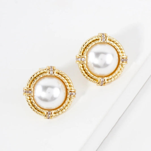 Pave-Set CZ 10mm Pearl 14K-Gold-Dipped Button Stud Earrings
