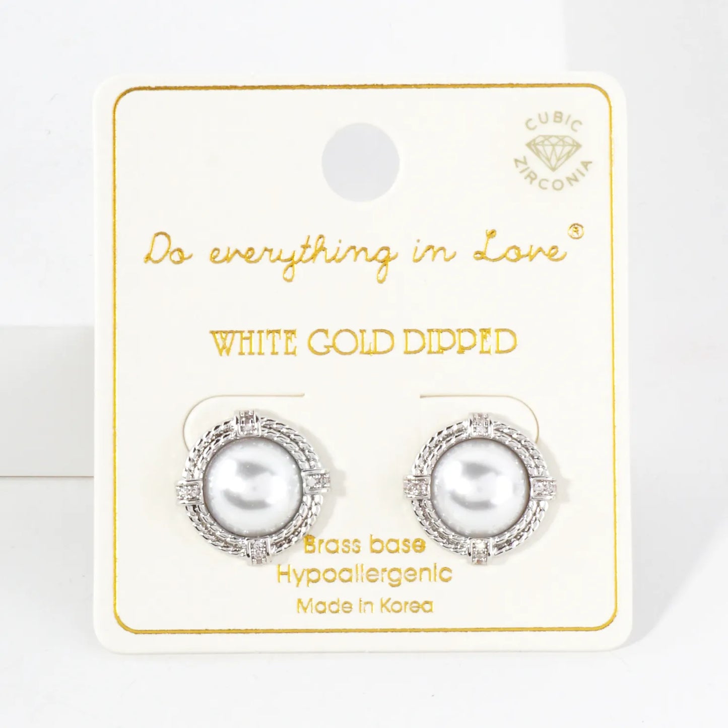 Pave-Set CZ 10mm Pearl 14K-Gold-Dipped Button Stud Earrings