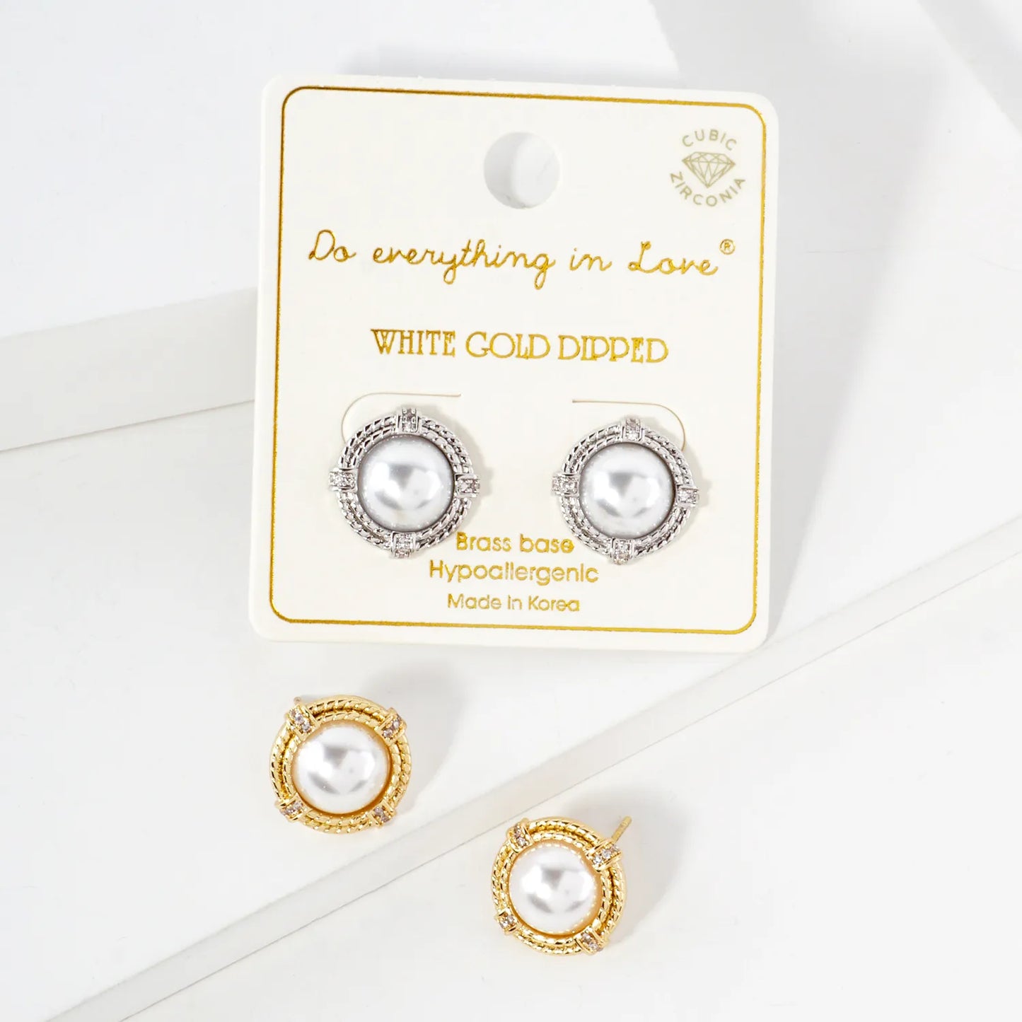 Pave-Set CZ 10mm Pearl 14K-Gold-Dipped Button Stud Earrings