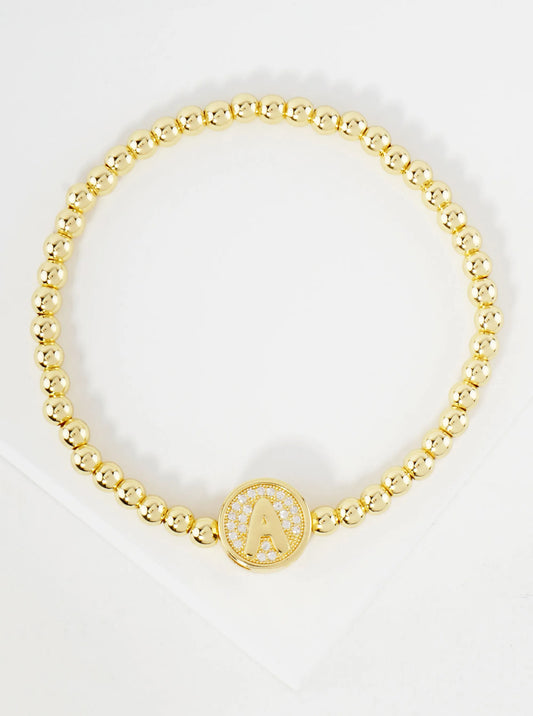 Pave-Set CZ 3mm Stainless Steel Ball-Beaded Initial Stretch Bracelet