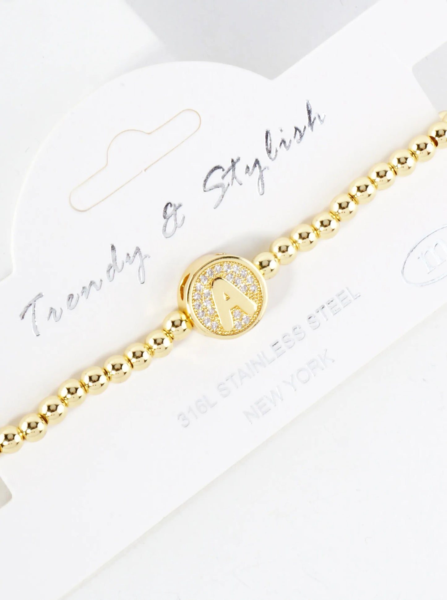 Pave-Set CZ 3mm Stainless Steel Ball-Beaded Initial Stretch Bracelet