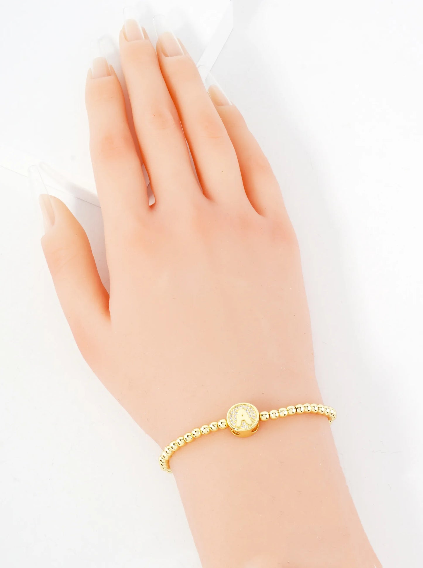 Pave-Set CZ 3mm Stainless Steel Ball-Beaded Initial Stretch Bracelet