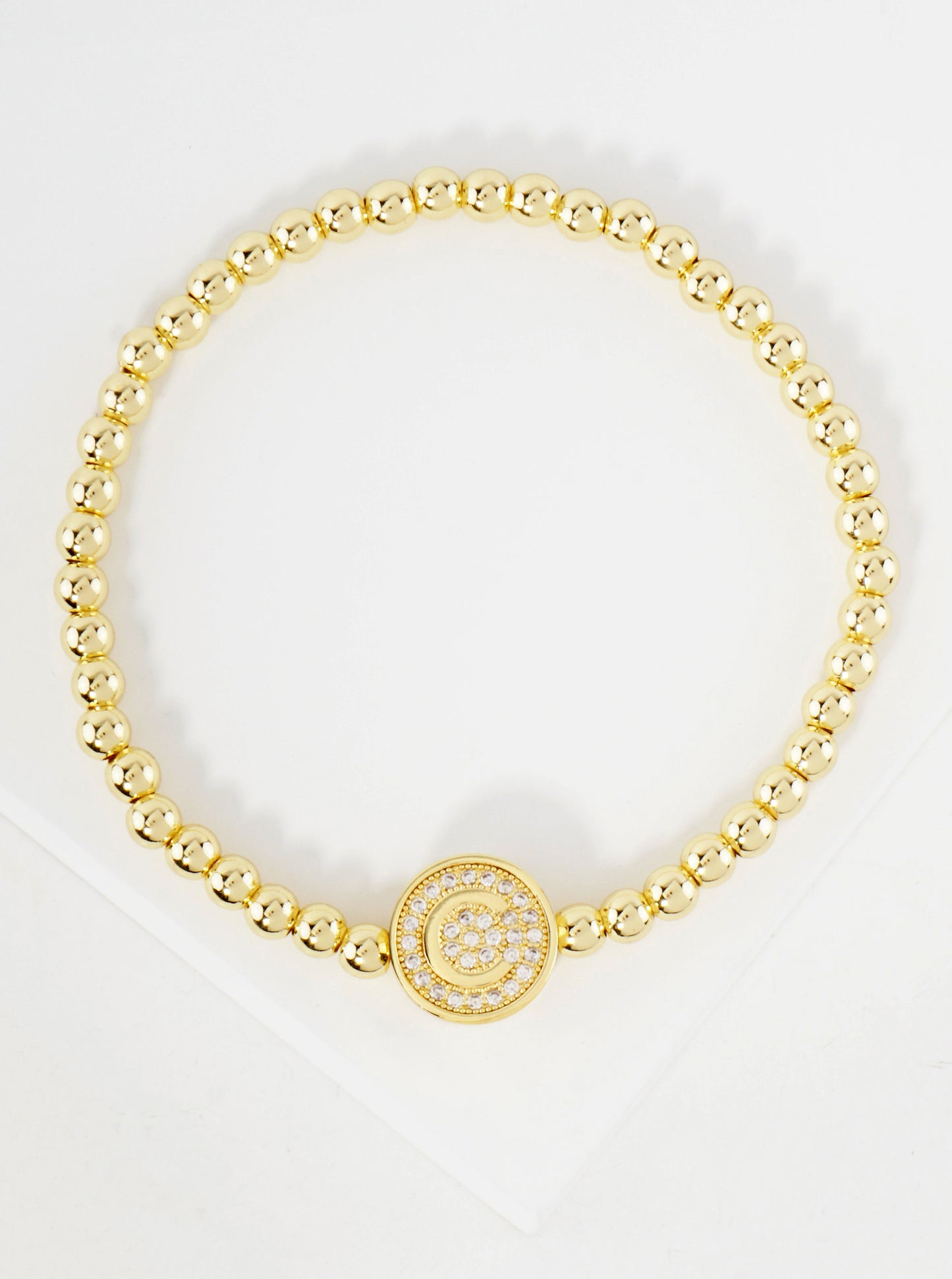 Pave-Set CZ 3mm Stainless Steel Ball-Beaded Initial Stretch Bracelet
