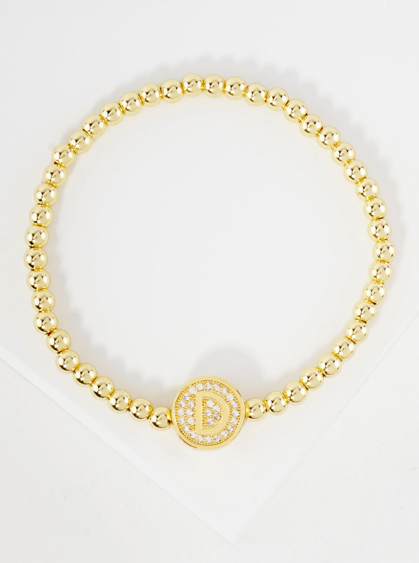 Pave-Set CZ 3mm Stainless Steel Ball-Beaded Initial Stretch Bracelet