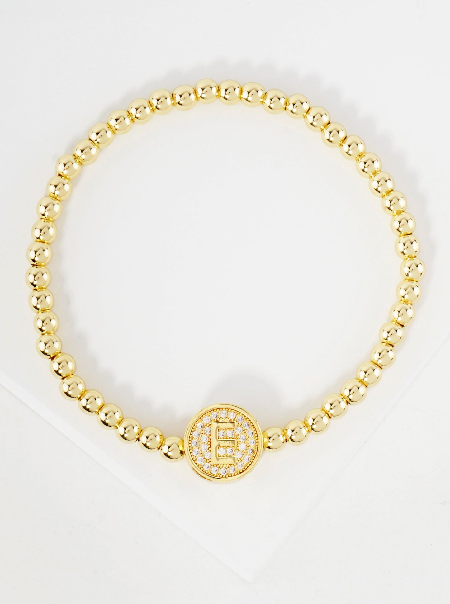 Pave-Set CZ 3mm Stainless Steel Ball-Beaded Initial Stretch Bracelet