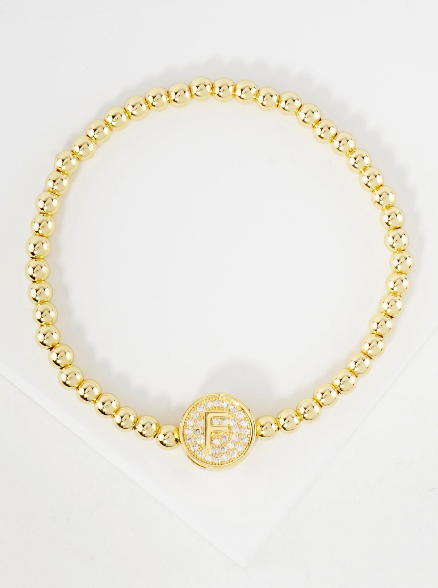 Pave-Set CZ 3mm Stainless Steel Ball-Beaded Initial Stretch Bracelet