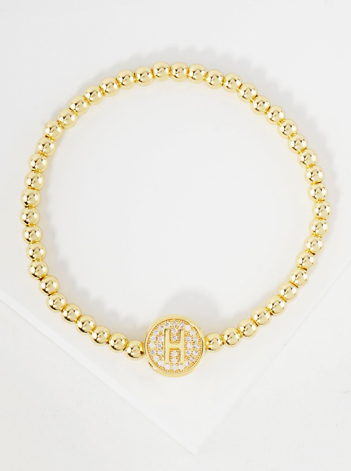 Pave-Set CZ 3mm Stainless Steel Ball-Beaded Initial Stretch Bracelet