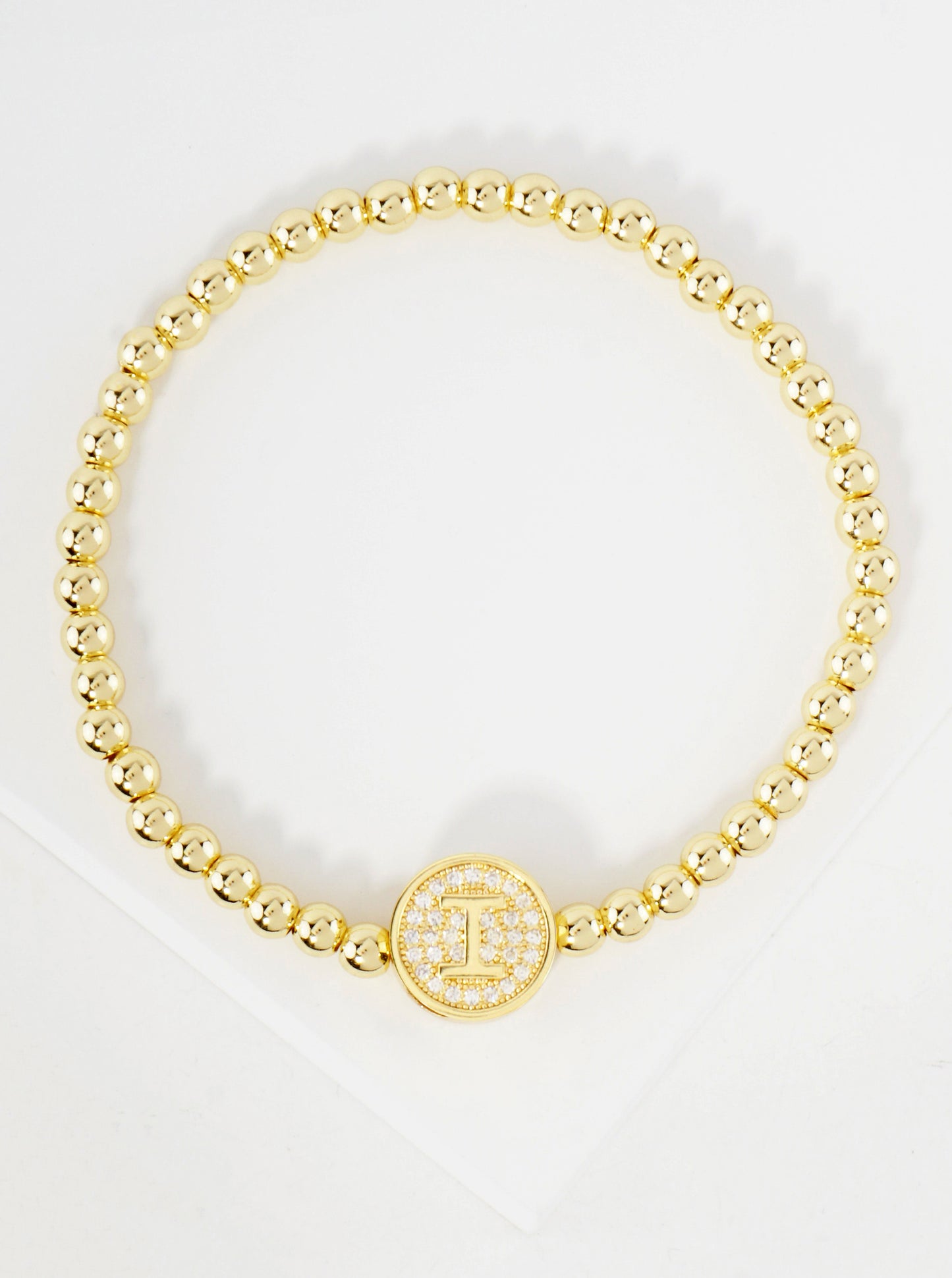 Pave-Set CZ 3mm Stainless Steel Ball-Beaded Initial Stretch Bracelet