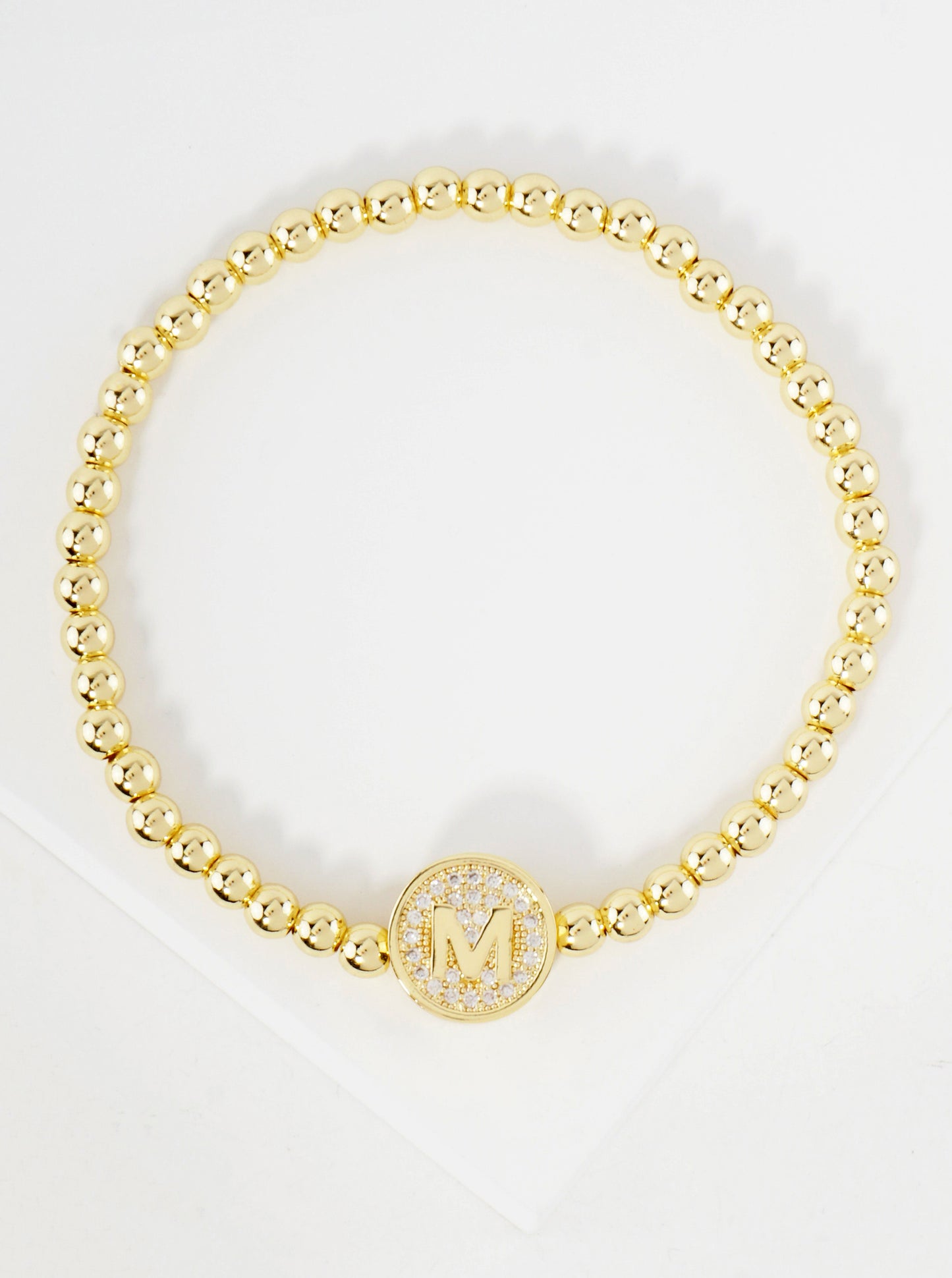 Pave-Set CZ 3mm Stainless Steel Ball-Beaded Initial Stretch Bracelet