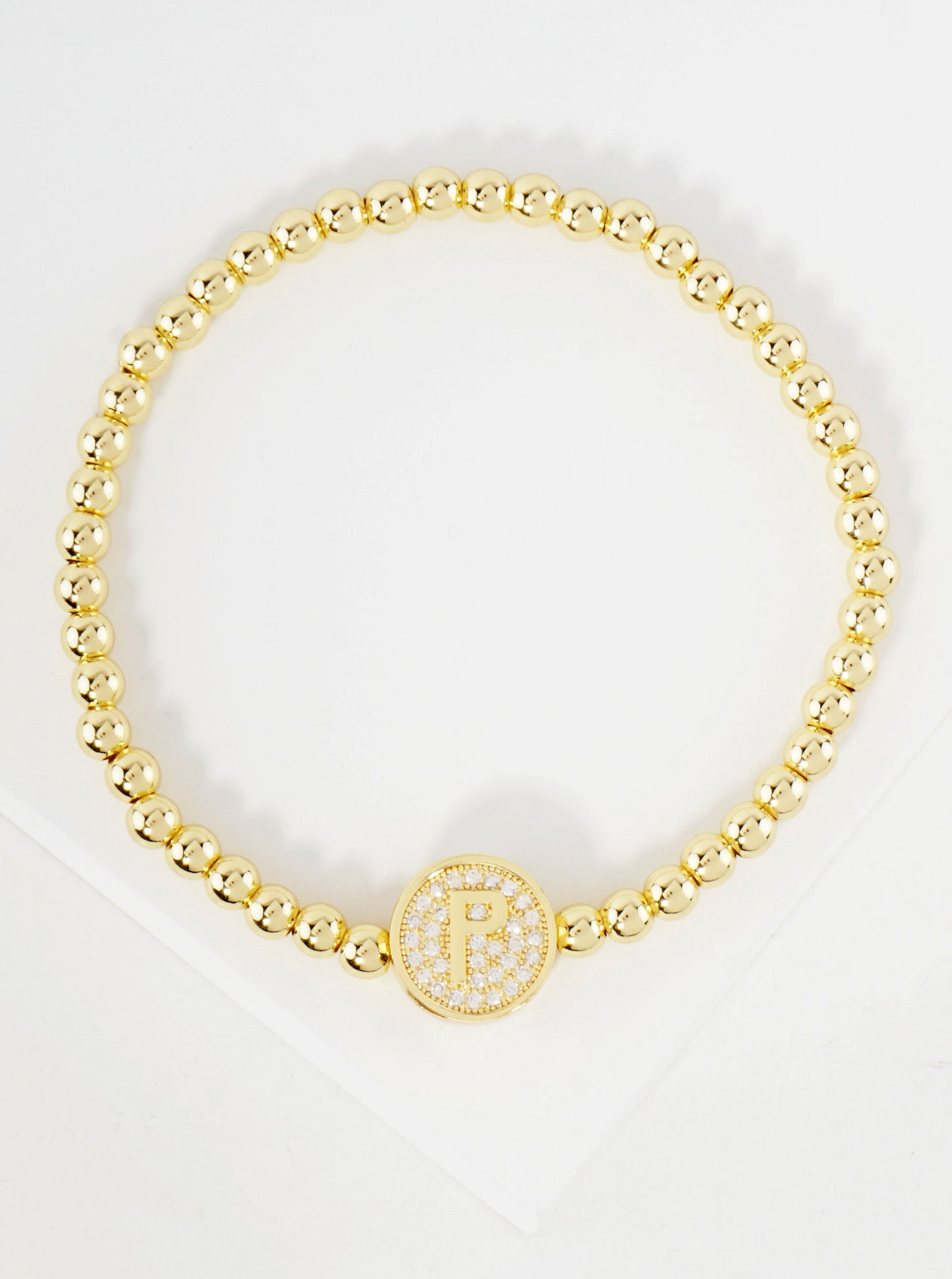Pave-Set CZ 3mm Stainless Steel Ball-Beaded Initial Stretch Bracelet