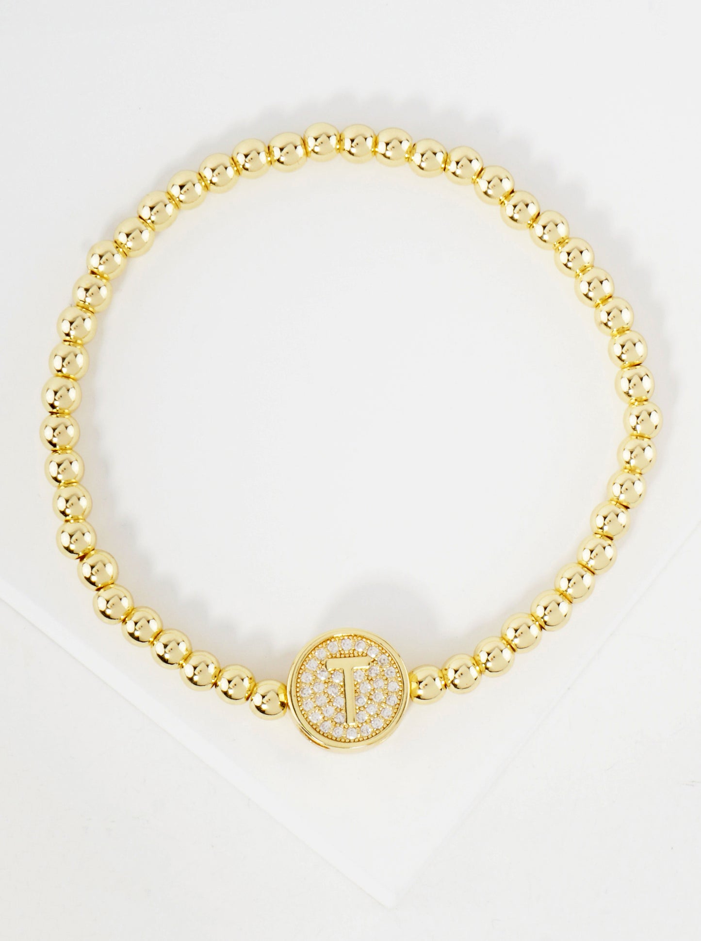 Pave-Set CZ 3mm Stainless Steel Ball-Beaded Initial Stretch Bracelet