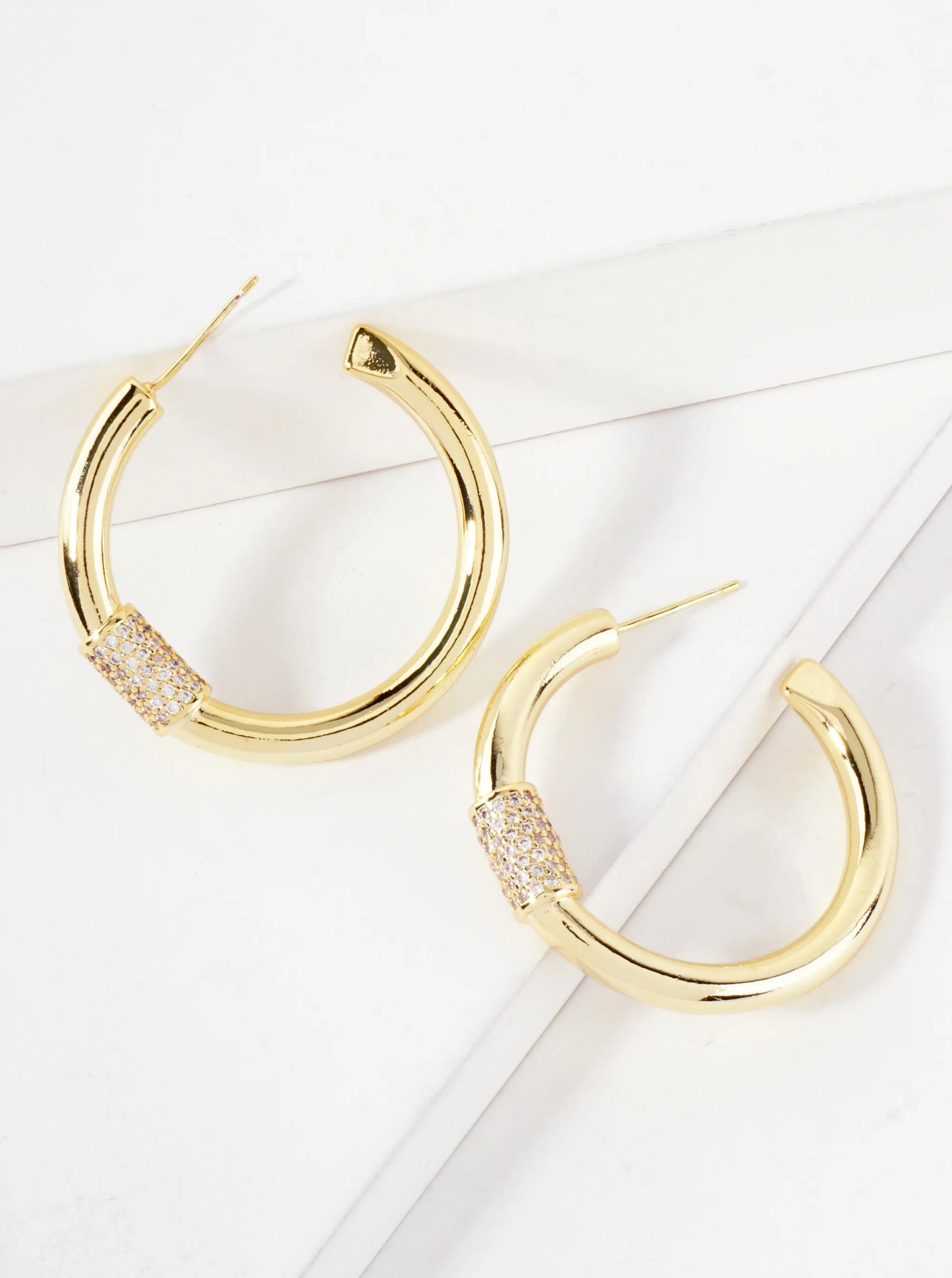Pave-Set CZ Accents On Front 30mm 14K-Gold-Dipped Open Hoop Earrings