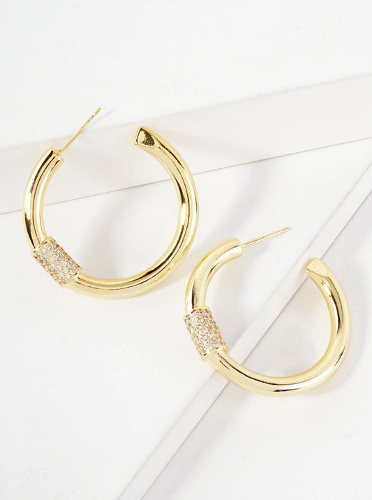 Pave-Set CZ Accents On Front 30mm 14K-Gold-Dipped Open Hoop Earrings