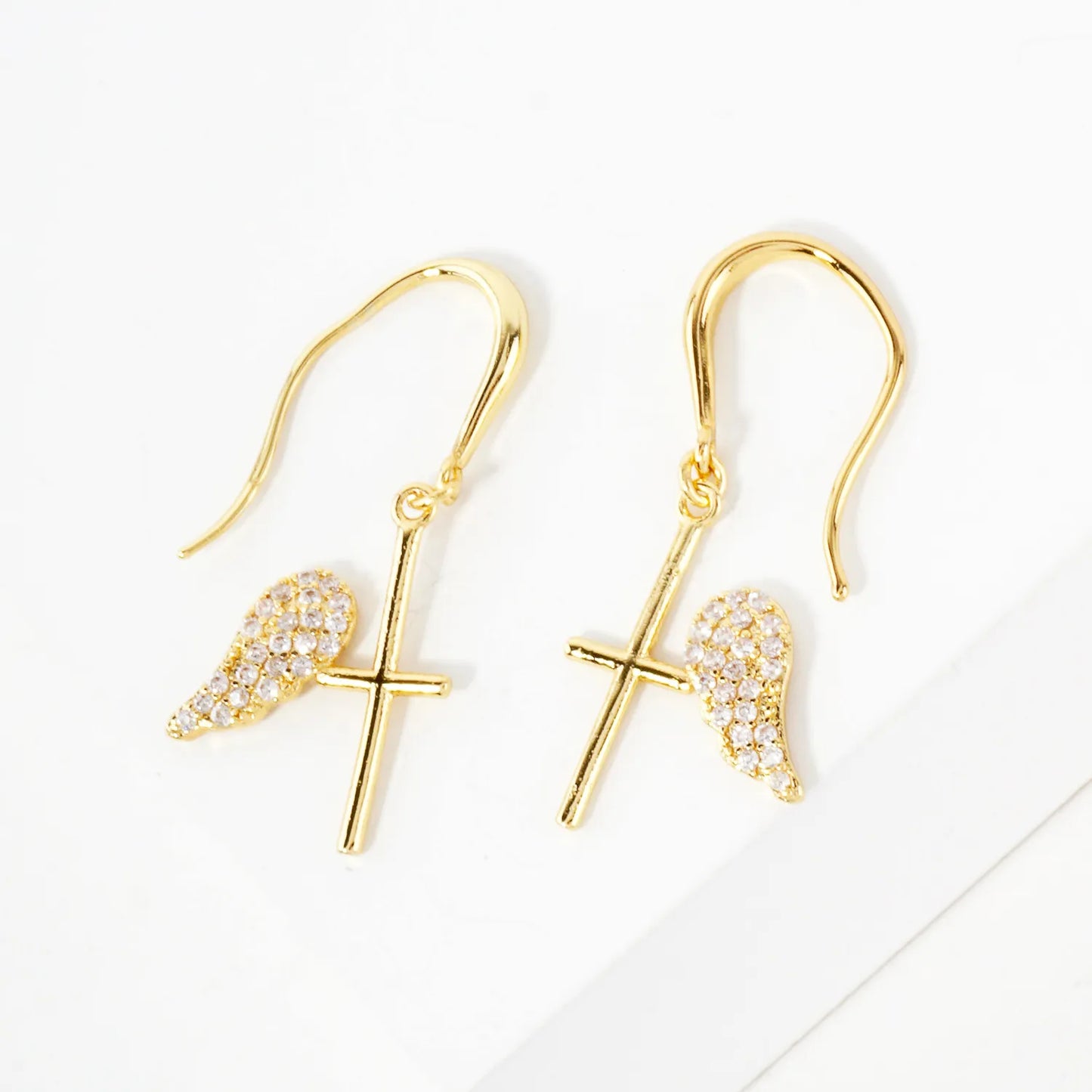 Pave-Set CZ Angel-Wing Cross Drop 18K-Gold-Dipped Brass Earrings