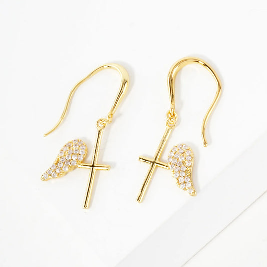 Pave-Set CZ Angel-Wing Cross Drop 18K-Gold-Dipped Brass Earrings