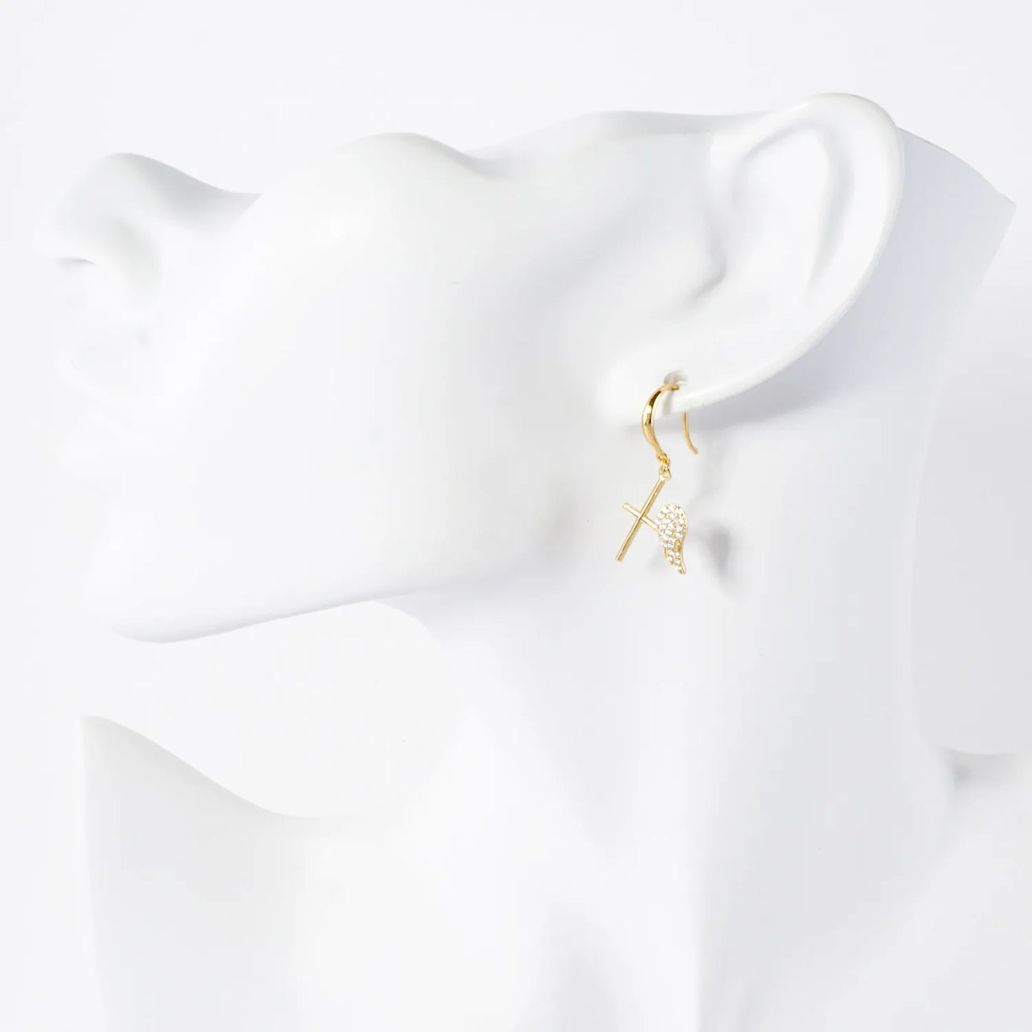 Pave-Set CZ Angel-Wing Cross Drop 18K-Gold-Dipped Brass Earrings