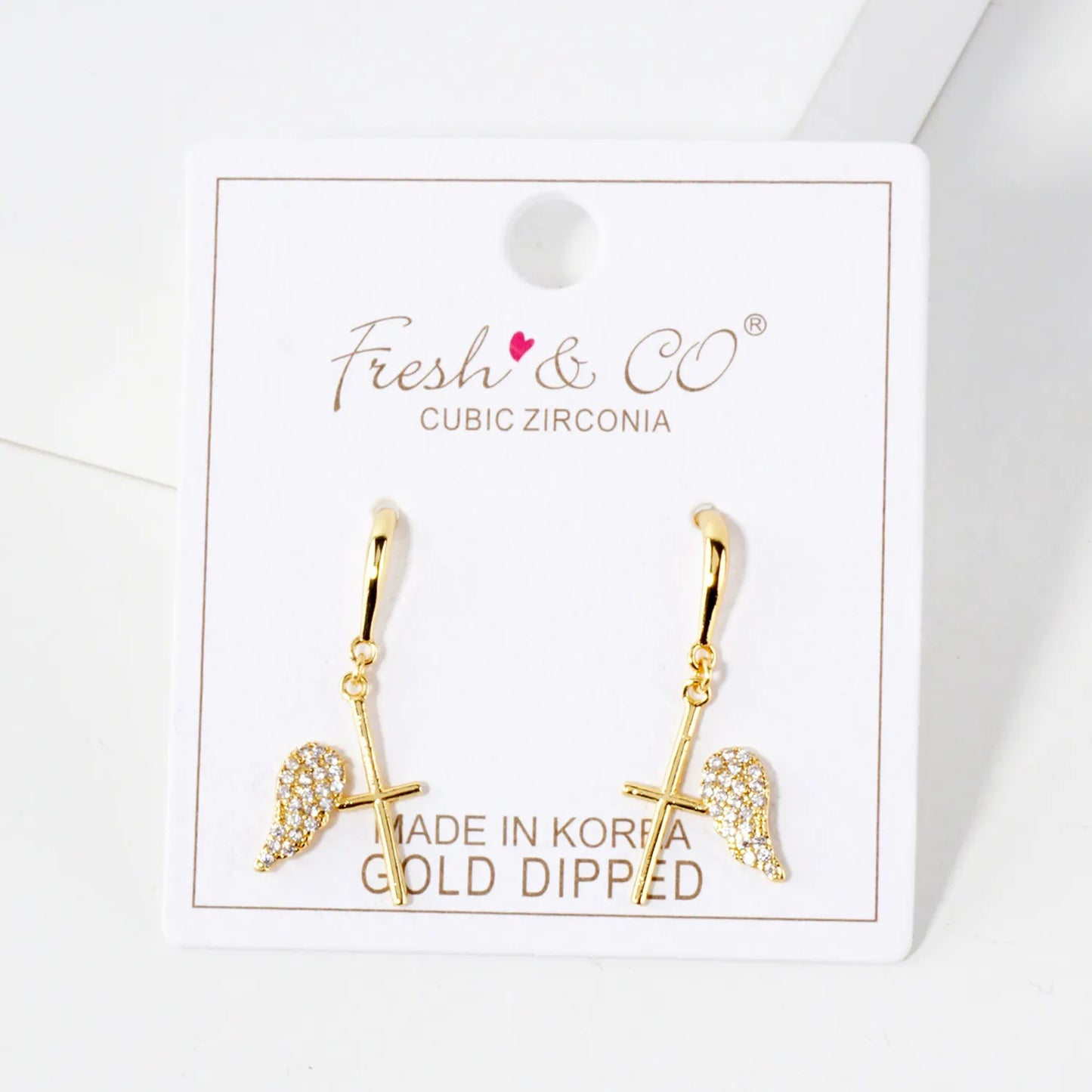 Pave-Set CZ Angel-Wing Cross Drop 18K-Gold-Dipped Brass Earrings
