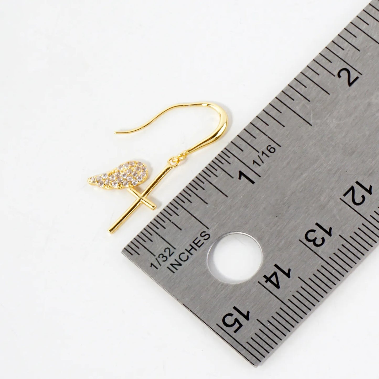 Pave-Set CZ Angel-Wing Cross Drop 18K-Gold-Dipped Brass Earrings