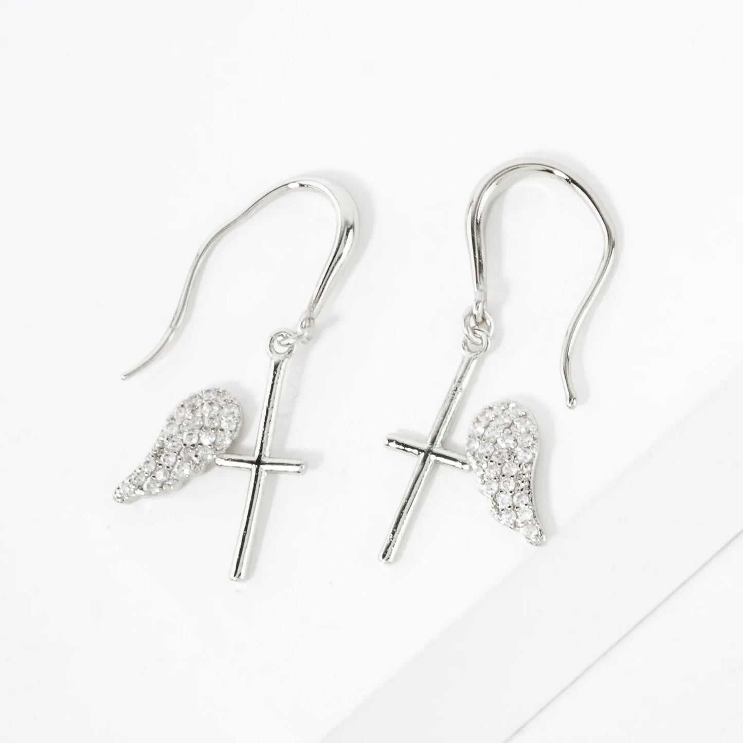 Pave-Set CZ Angel-Wing Cross Drop 18K-Gold-Dipped Brass Earrings