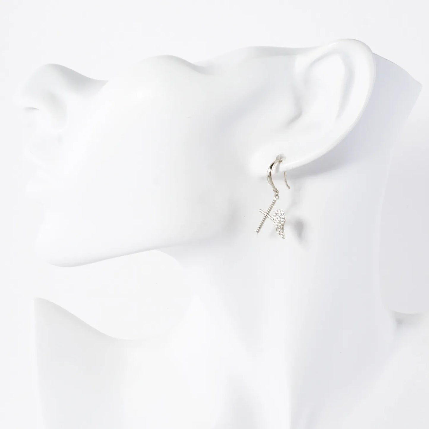 Pave-Set CZ Angel-Wing Cross Drop 18K-Gold-Dipped Brass Earrings