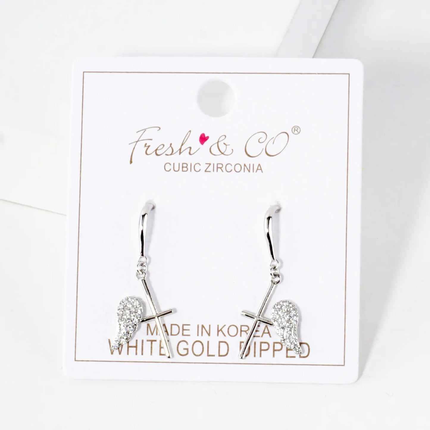 Pave-Set CZ Angel-Wing Cross Drop 18K-Gold-Dipped Brass Earrings