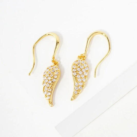 Pave-Set CZ Angel-Wing Drop 18K-Gold-Dipped Brass Earrings