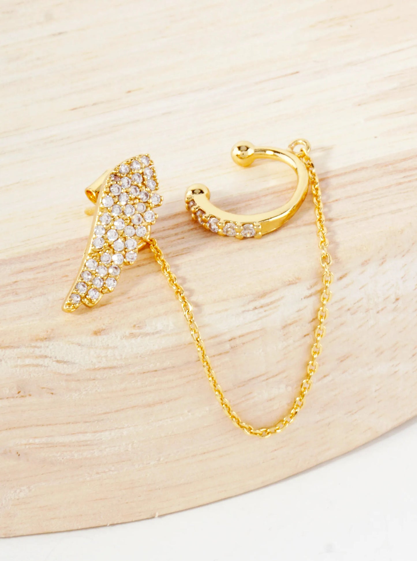 Pave-Set CZ Angel-Wing Stud And Ear Cuff Drape Chain 18K-Gold-Dipped Earring Set