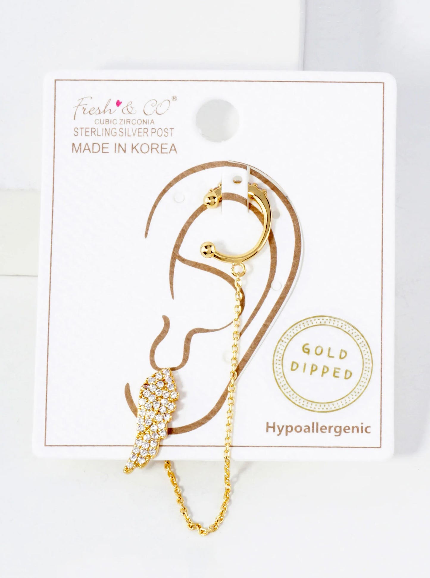 Pave-Set CZ Angel-Wing Stud And Ear Cuff Drape Chain 18K-Gold-Dipped Earring Set