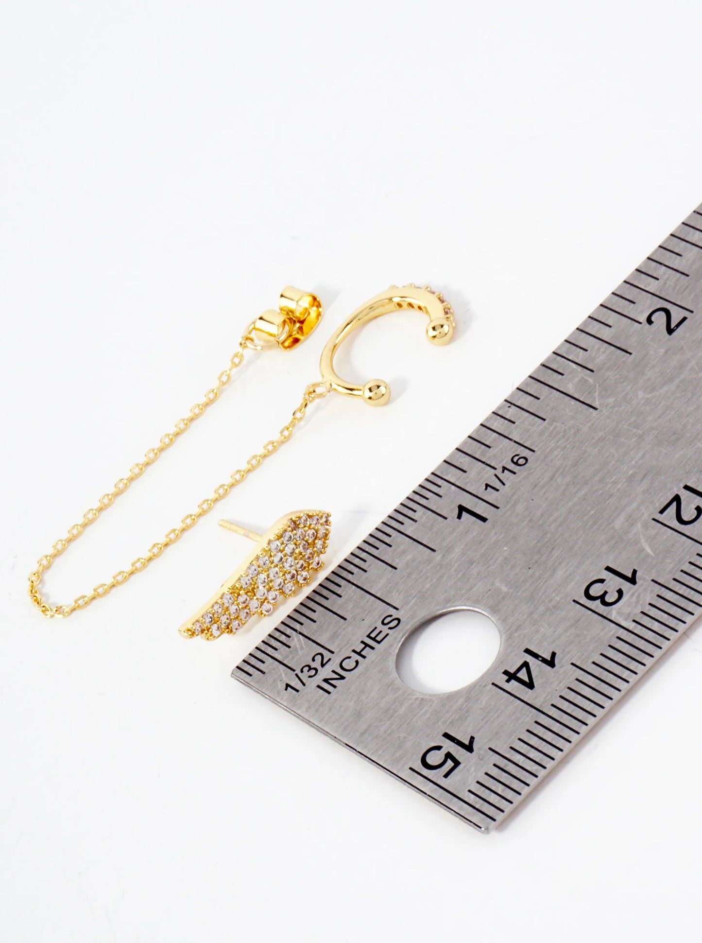 Pave-Set CZ Angel-Wing Stud And Ear Cuff Drape Chain 18K-Gold-Dipped Earring Set