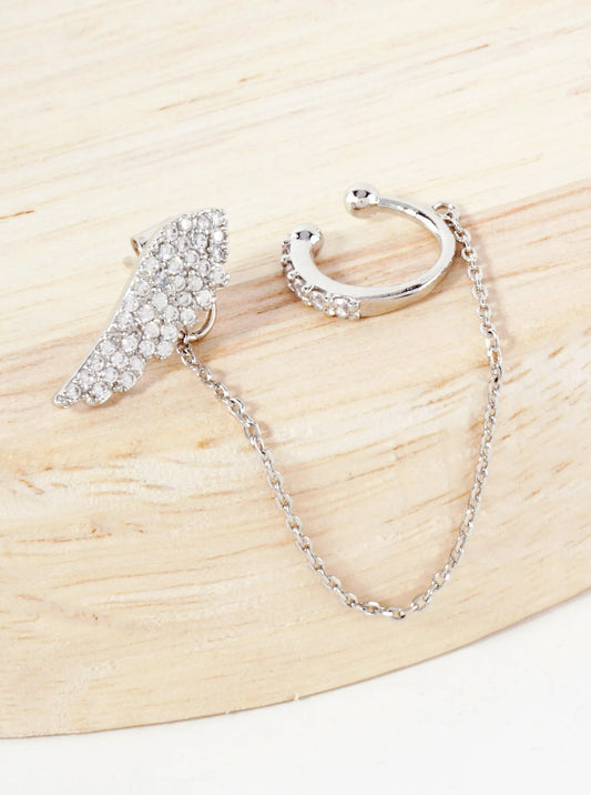 Pave-Set CZ Angel-Wing Stud And Ear Cuff Drape Chain 18K-Gold-Dipped Earring Set