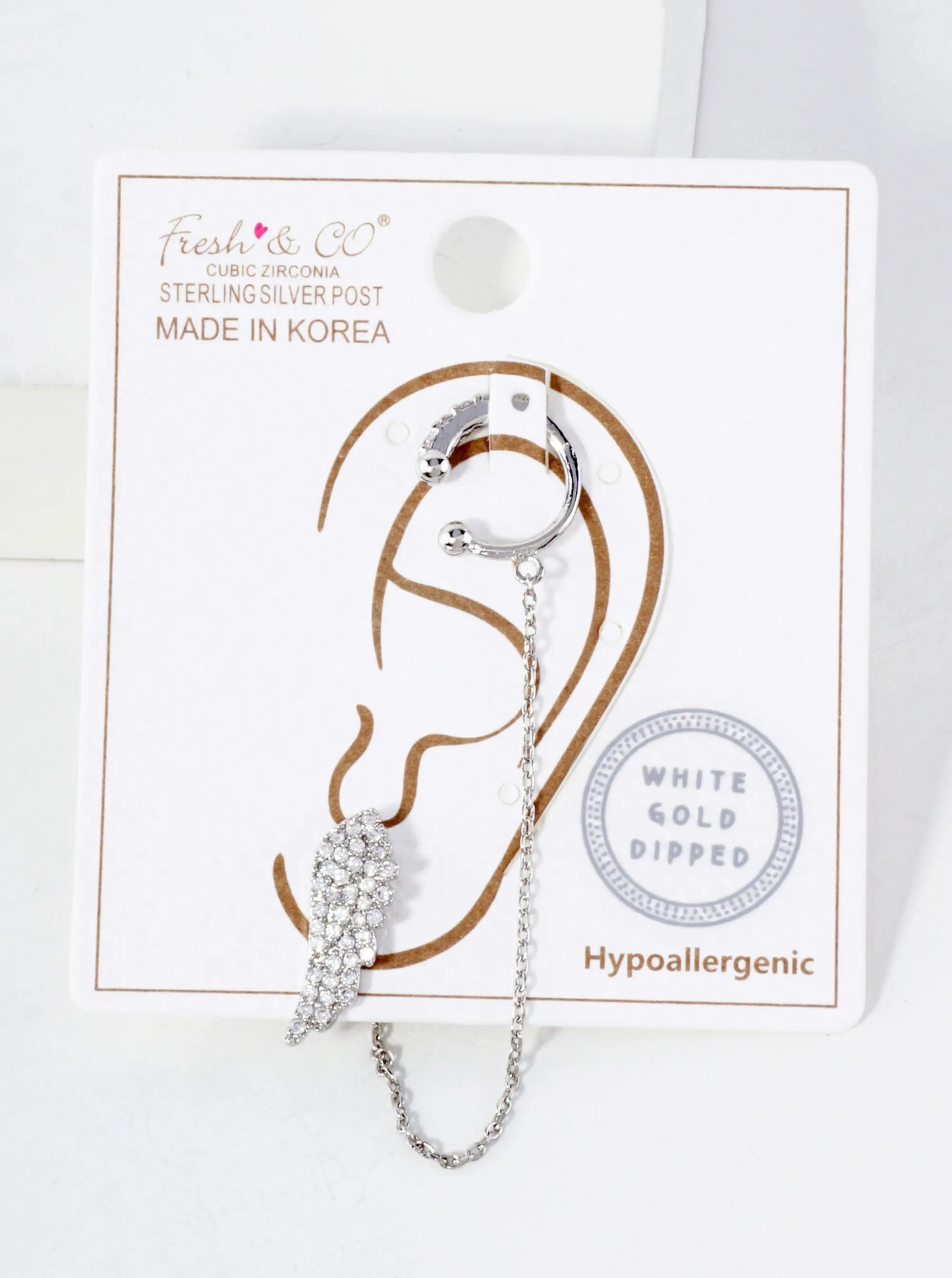 Pave-Set CZ Angel-Wing Stud And Ear Cuff Drape Chain 18K-Gold-Dipped Earring Set