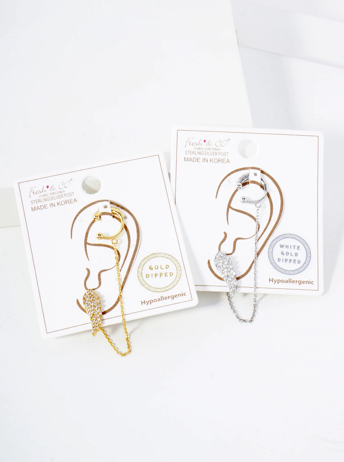 Pave-Set CZ Angel-Wing Stud And Ear Cuff Drape Chain 18K-Gold-Dipped Earring Set